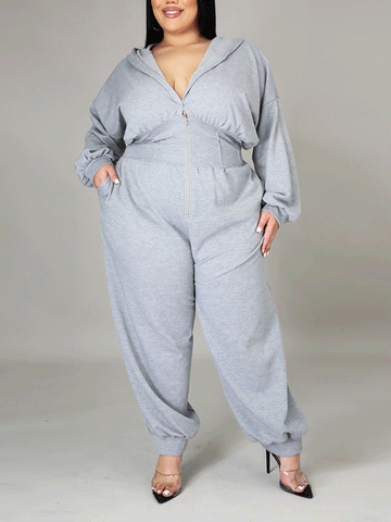 Zipper Solid Hoodie Jumpsuit