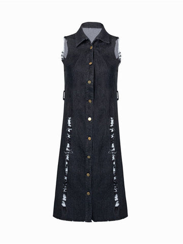 Button Sleeveless Ripped Denim Dress