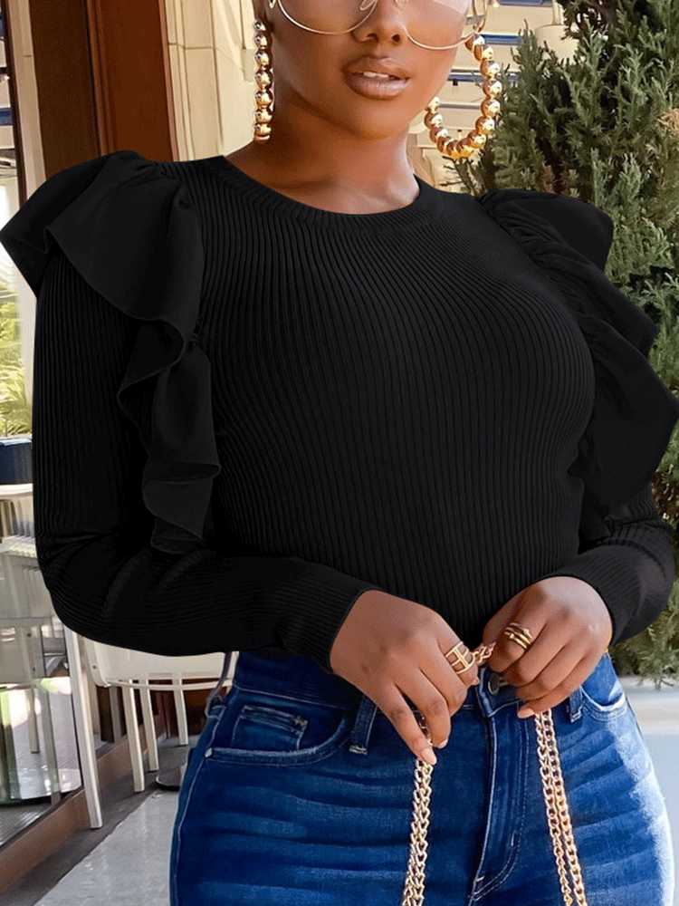 Knit Ruffle Sleeve Solid Tops