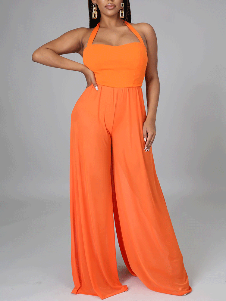 Neckholder-Jumpsuit aus Chiffon mit weitem Bein