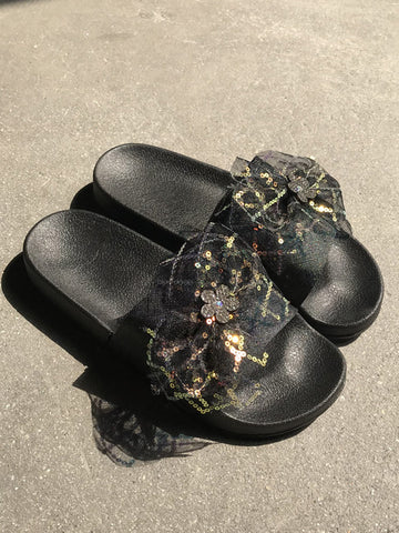 Lace Bow Sequin Flat Slides