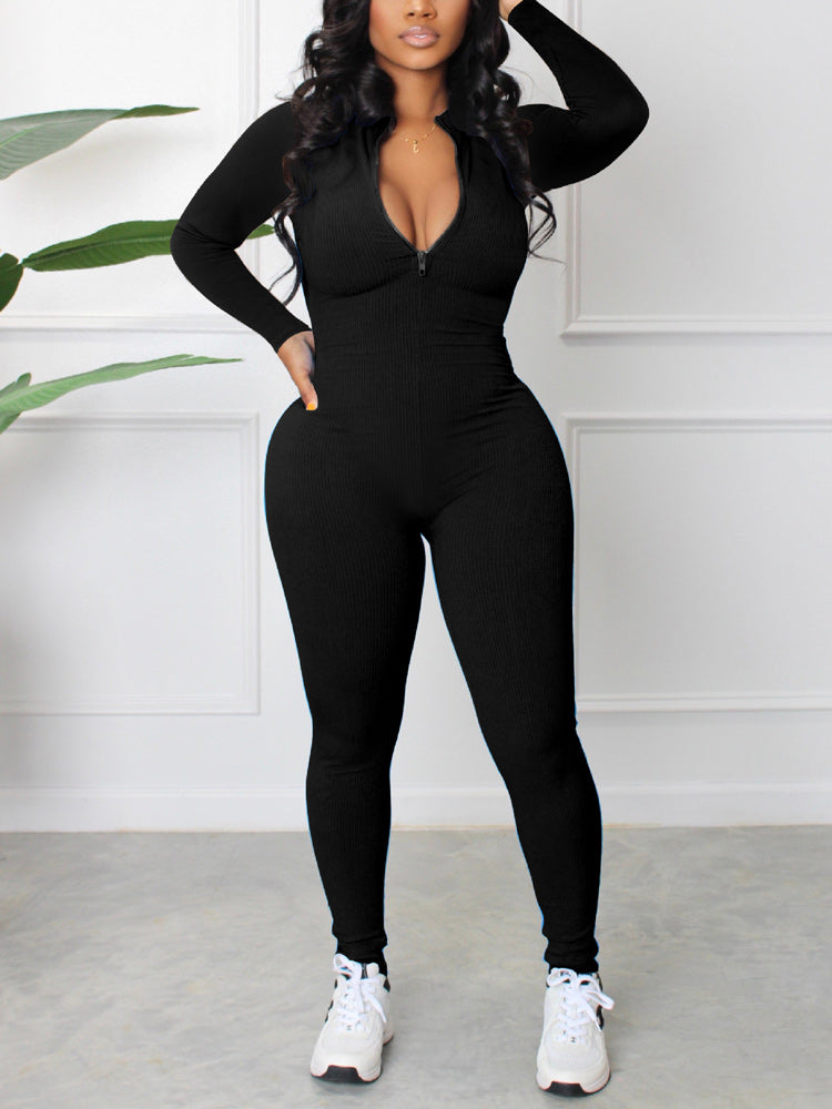 Ribbed Knit V-neck Solid Zipper Jumpsuit