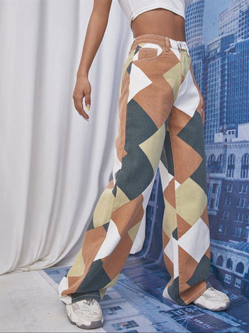 Color Block Argyle Print Wide Leg Jeans