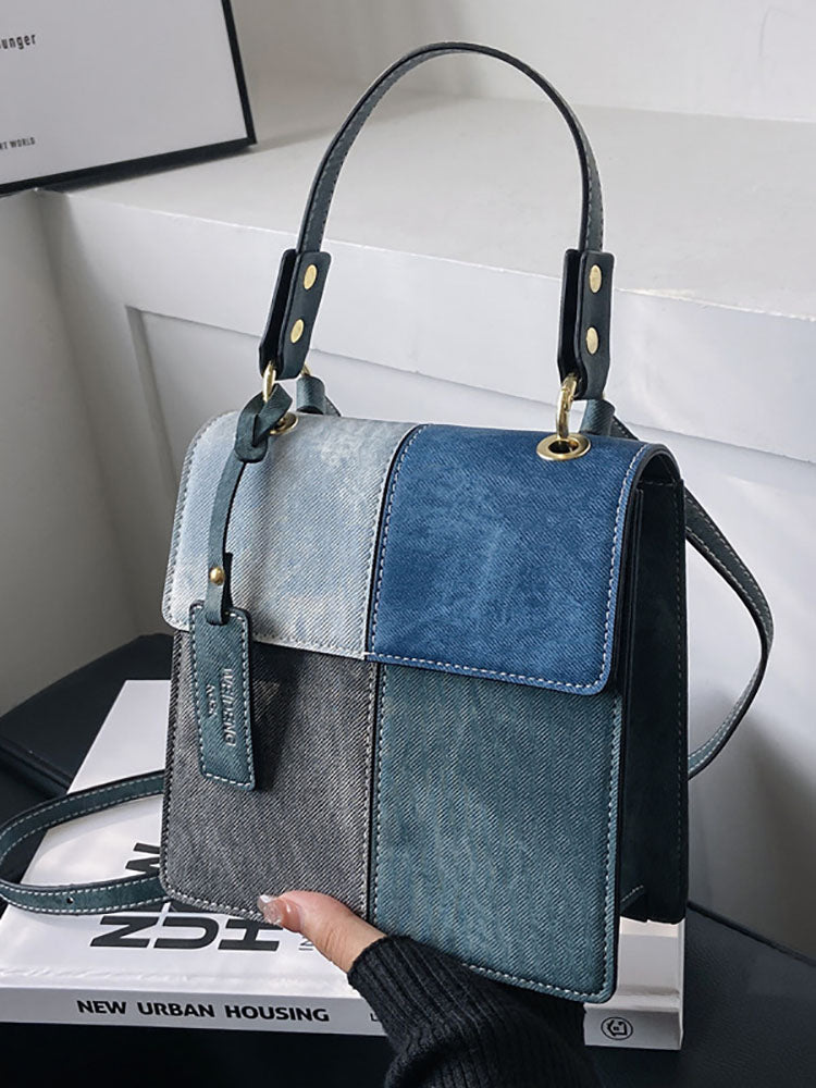 Denim Color Block Satchel Bag