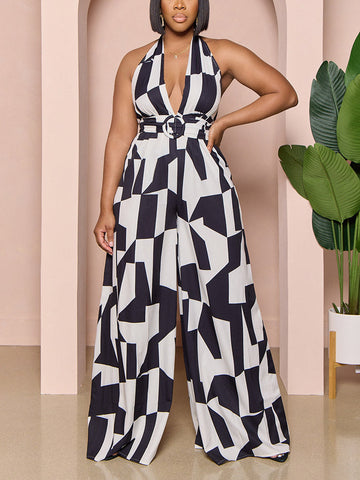 Neckholder-Jumpsuit mit V-Ausschnitt und Print