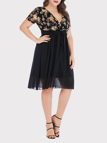 Vintage Floral Lace V Neck Chiffon Dress