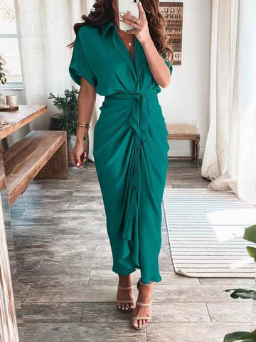 Satin Pleated Bandage Shirt Dress