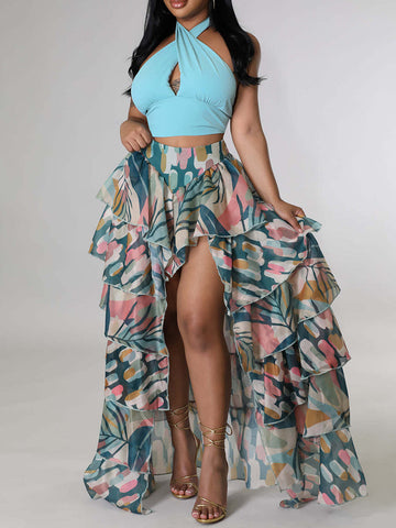 Print High Low Tulle Slit Skirt