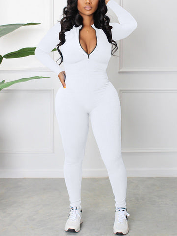 Ribbed Knit V-neck Solid Zipper Jumpsuit