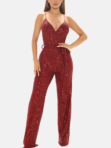 Ärmelloser Jumpsuit mit Pailletten und Gürtel