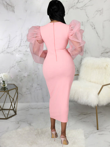 Puff Mesh Sleeve Midi Dress