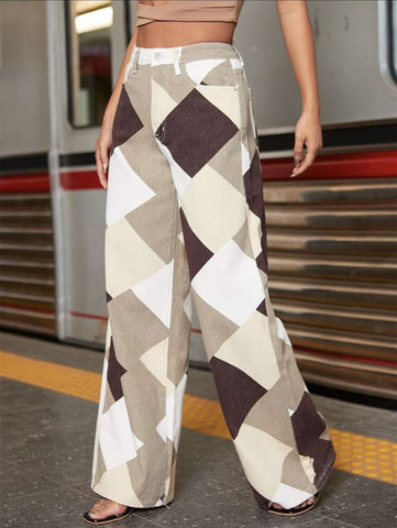 Color Block Argyle Print Wide Leg Jeans