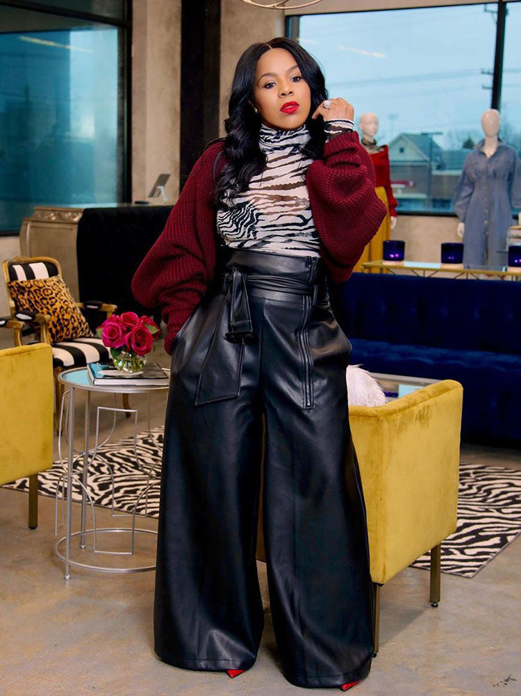 Causal Women Leather Pants High Waist Wide Leg Pu Pants Female Fashion Large Size