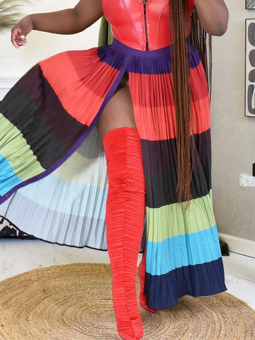 Colorblock Button Pleated Maxi Skirt