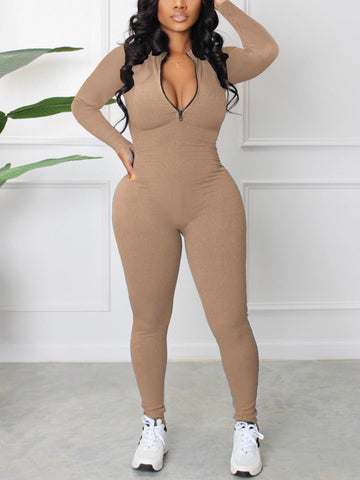 Ribbed Knit V-neck Solid Zipper Jumpsuit