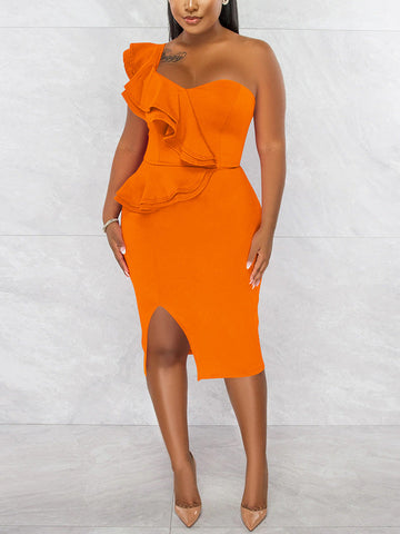 Ruffle One Shoulder Split Party Dress