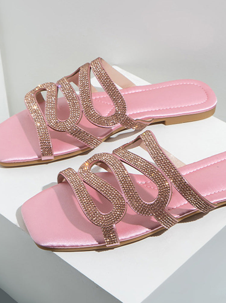 Hollow Out Rhinestones Flat Slides