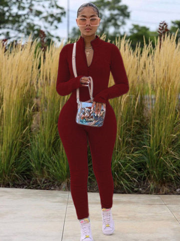 Zipper Collar Skinny Jumpsuits