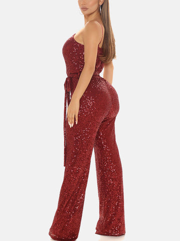 Ärmelloser Jumpsuit mit Pailletten und Gürtel