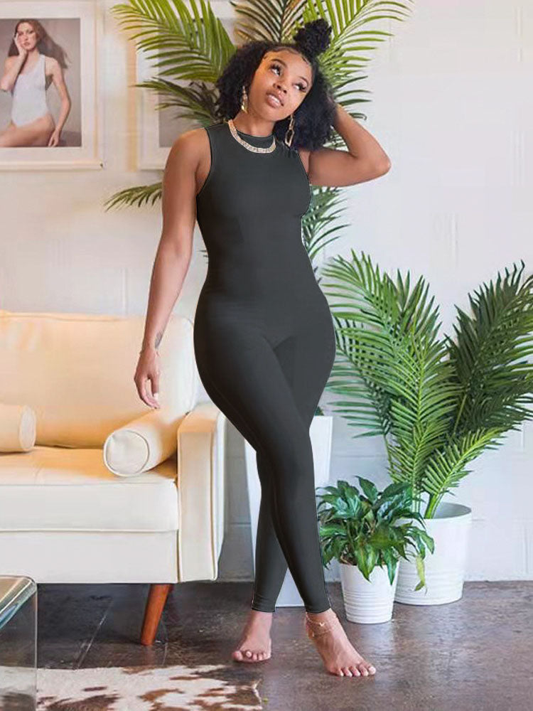 Casual Sleeveless Solid Color Jumpsuit