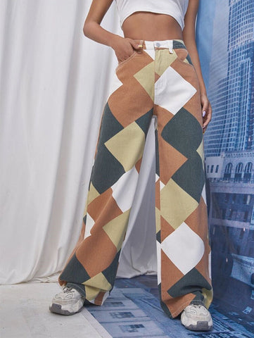 Color Block Argyle Print Wide Leg Jeans