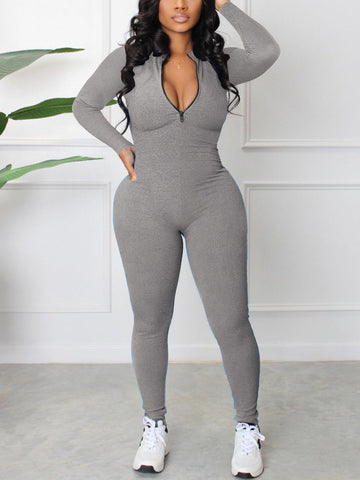 Ribbed Knit V-neck Solid Zipper Jumpsuit