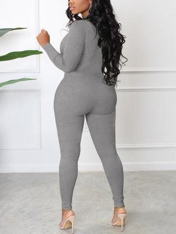 Ribbed Knit V-neck Solid Zipper Jumpsuit