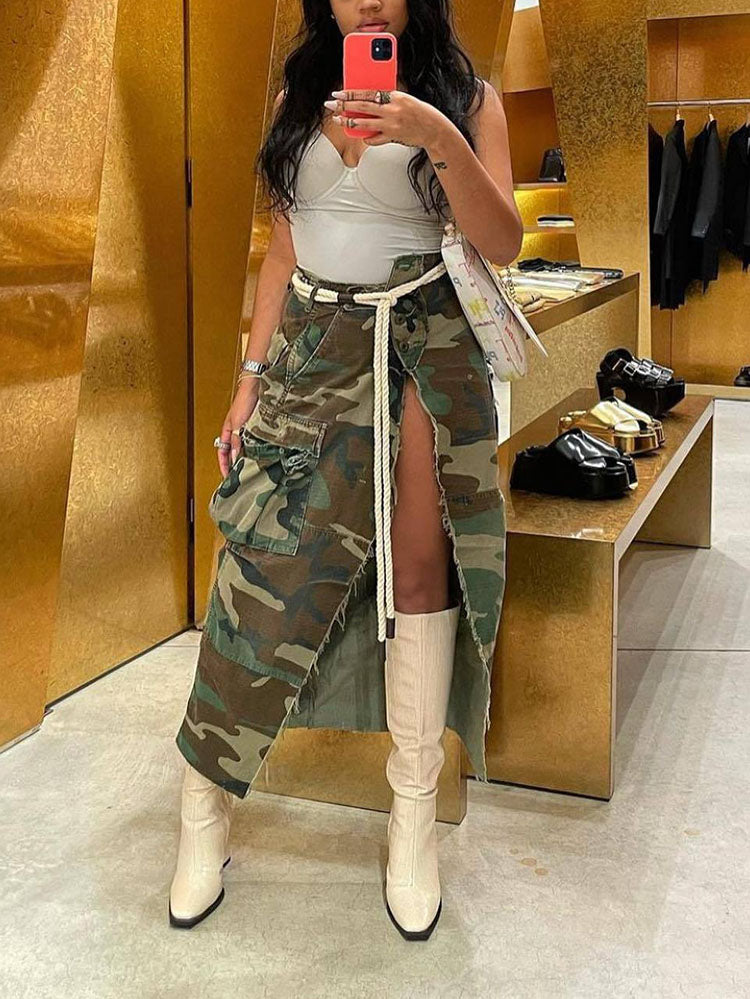 Camo Denim Button High Split Skirt