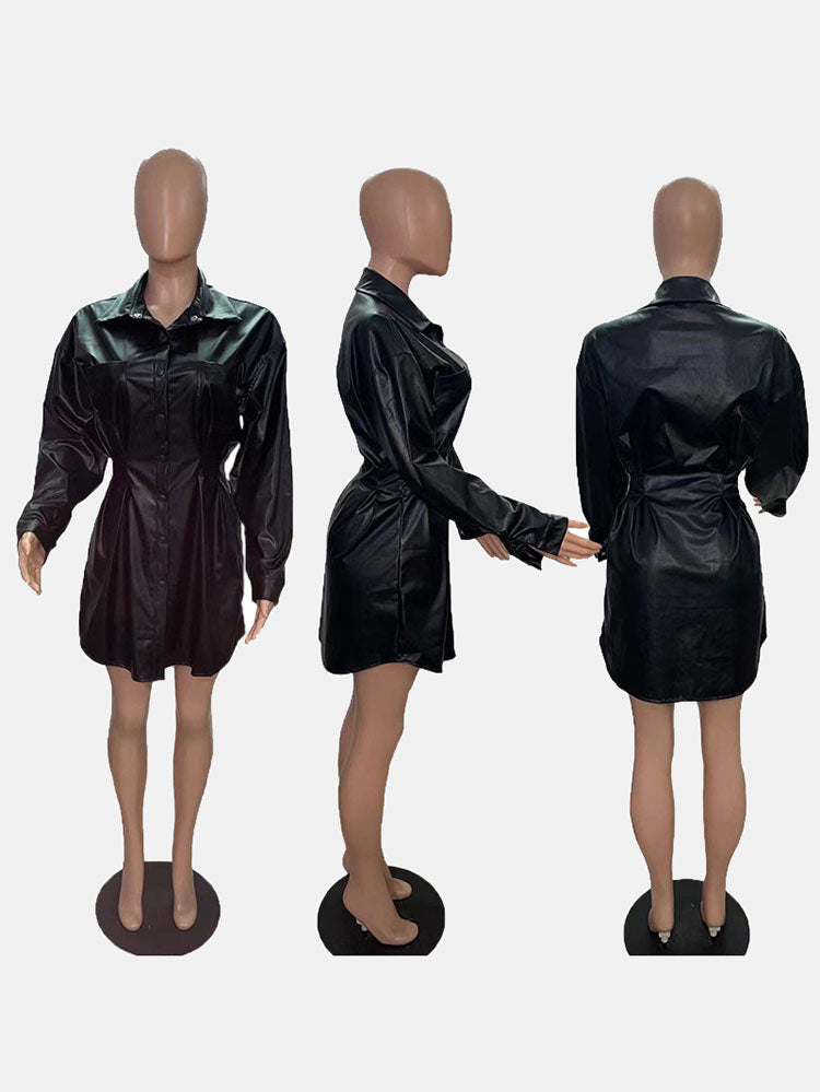 Buckle Fold Turndown Collar A Line Dresses Coat