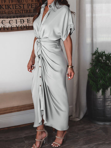 Satin Pleated Bandage Shirt Dress