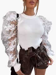 Knitted Lace Puff Sleeve Patchwork Top