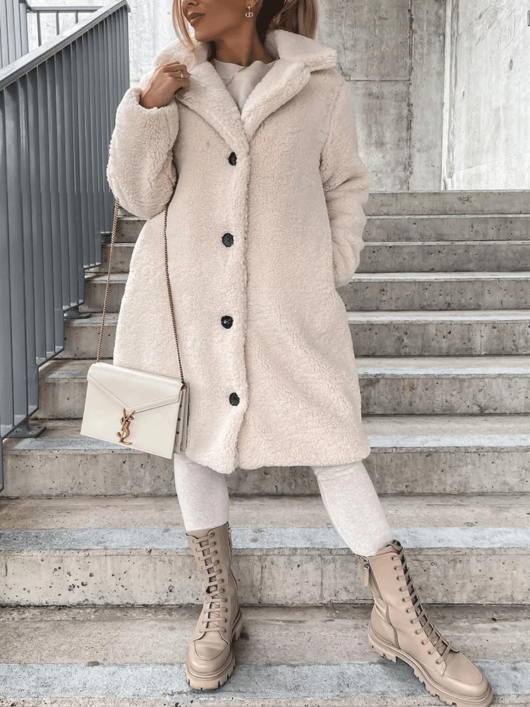 Abrigo largo de piel de peluche con solapa sólida