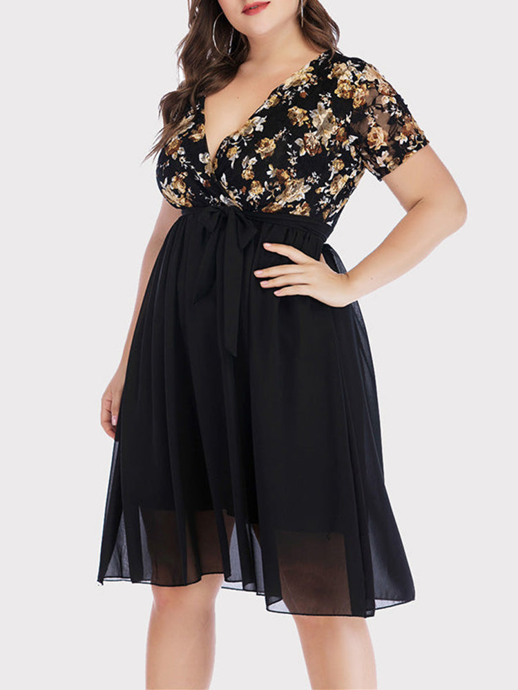 Vintage Floral Lace V Neck Chiffon Dress