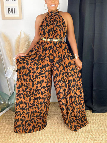 Neckholder-Jumpsuit mit Leopardenmuster