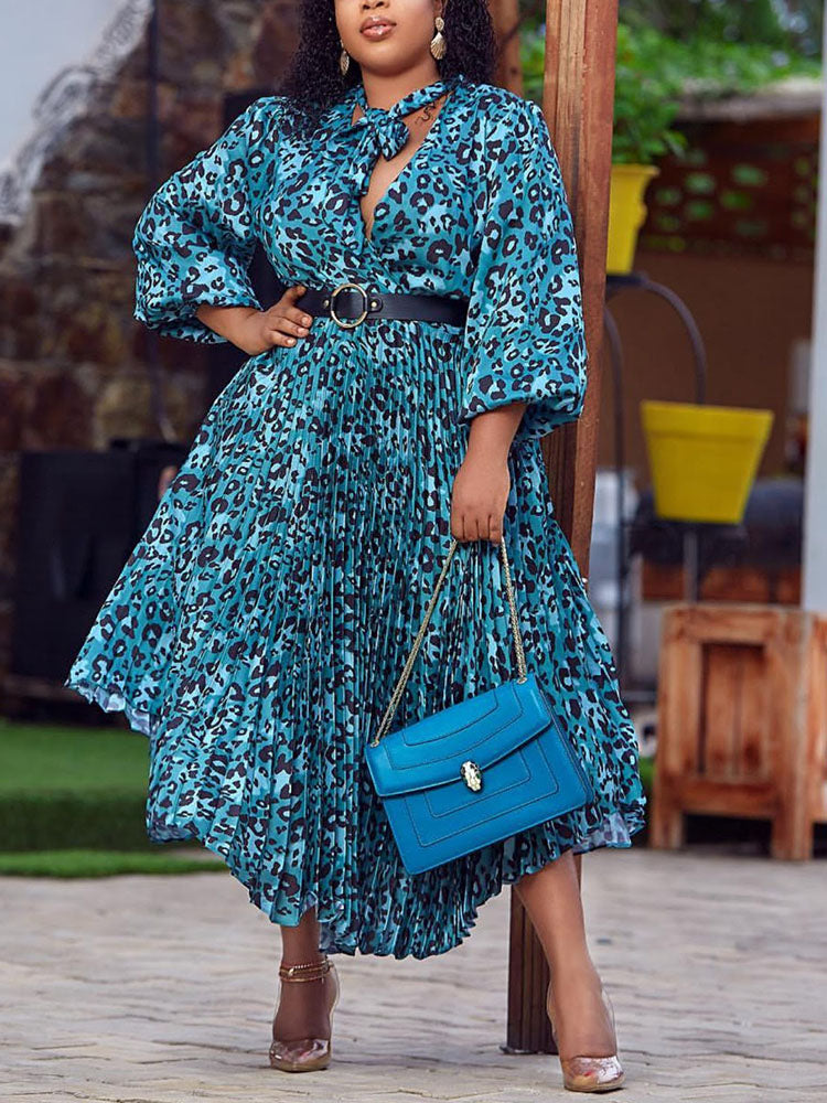 Leopard Print Bowknot Pleated Dress