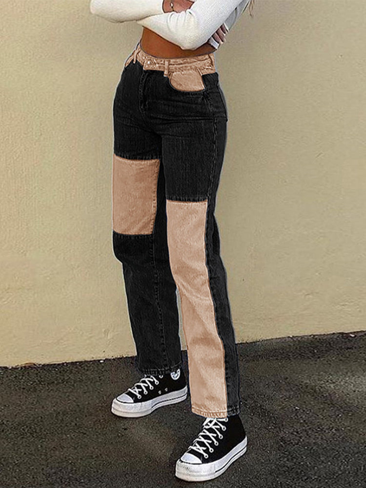 Panelled Contrast Color Straight Jeans