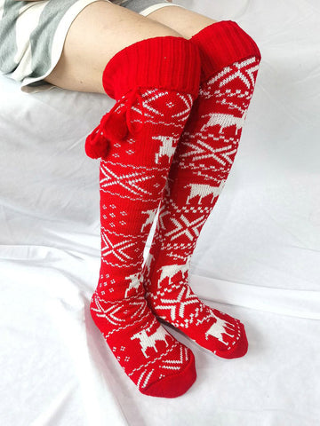 Calcetines navideños con pompones y estampado de copos de nieve de alce