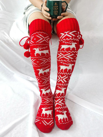 Calcetines navideños con pompones y estampado de copos de nieve de alce