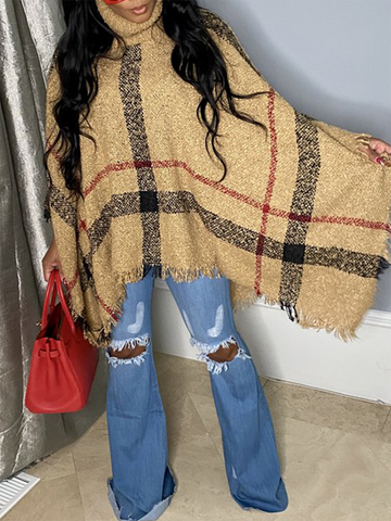 Plaid Tassel Turtleneck Cape Shawl