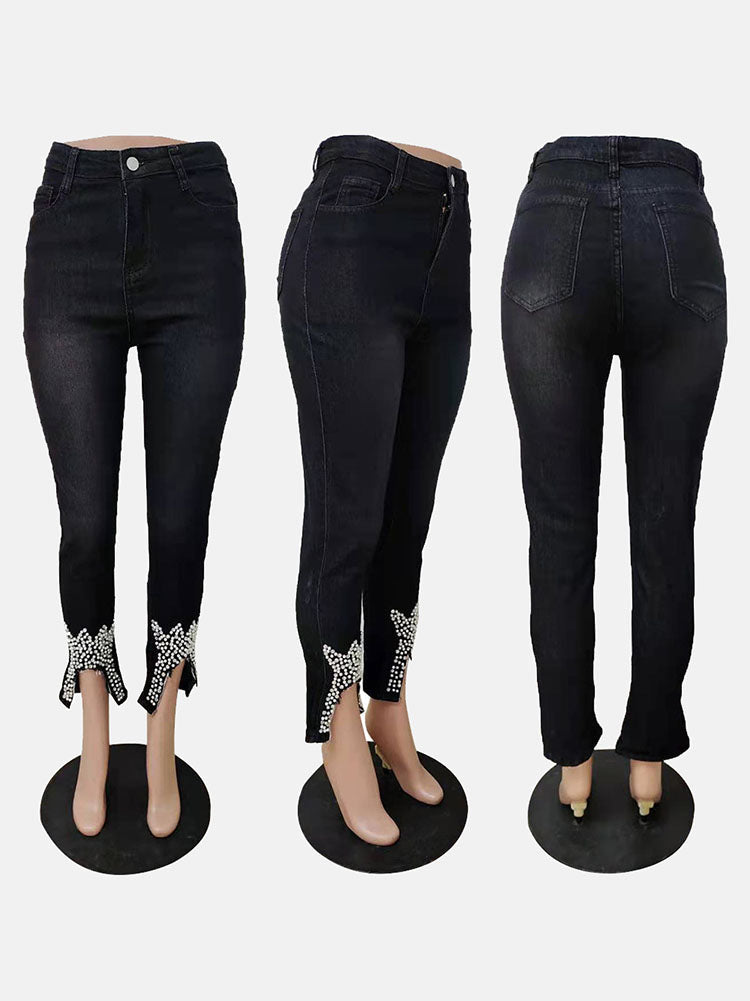 Skinny Jeans mit Perlenbesatz und mittlerer Taille