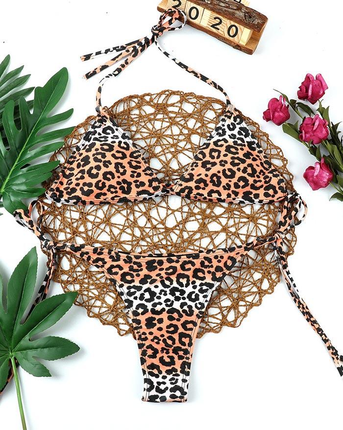 Leopard Print Lace Up Triangle Neon Bikini