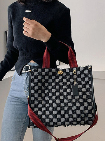 Bolso tote de tela vaquera con estampado de cuadros