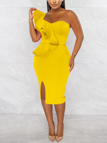 Ruffle One Shoulder Split Party Dress