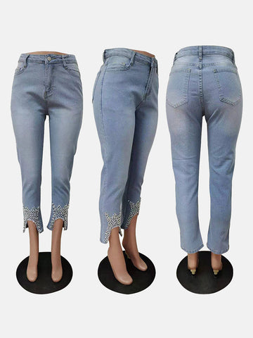 Beading Mid Waist Skinny Jeans