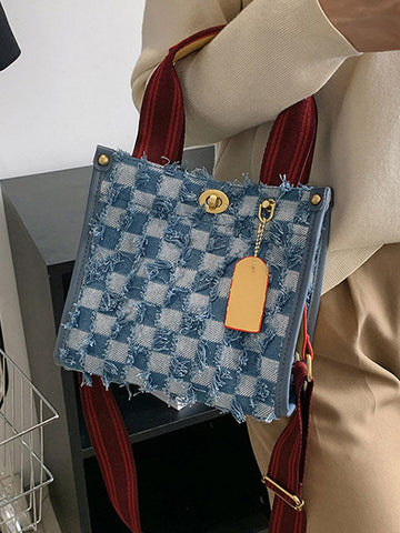 Bolso tote de tela vaquera con estampado de cuadros