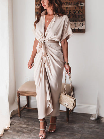 Satin Pleated Bandage Shirt Dress