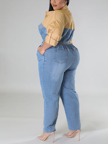 Denim Patchwork Color Block Jumpsuit