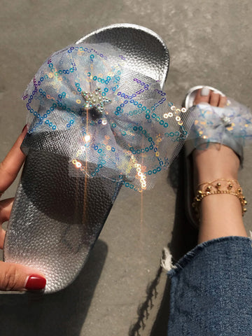 Lace Bow Sequin Flat Slides