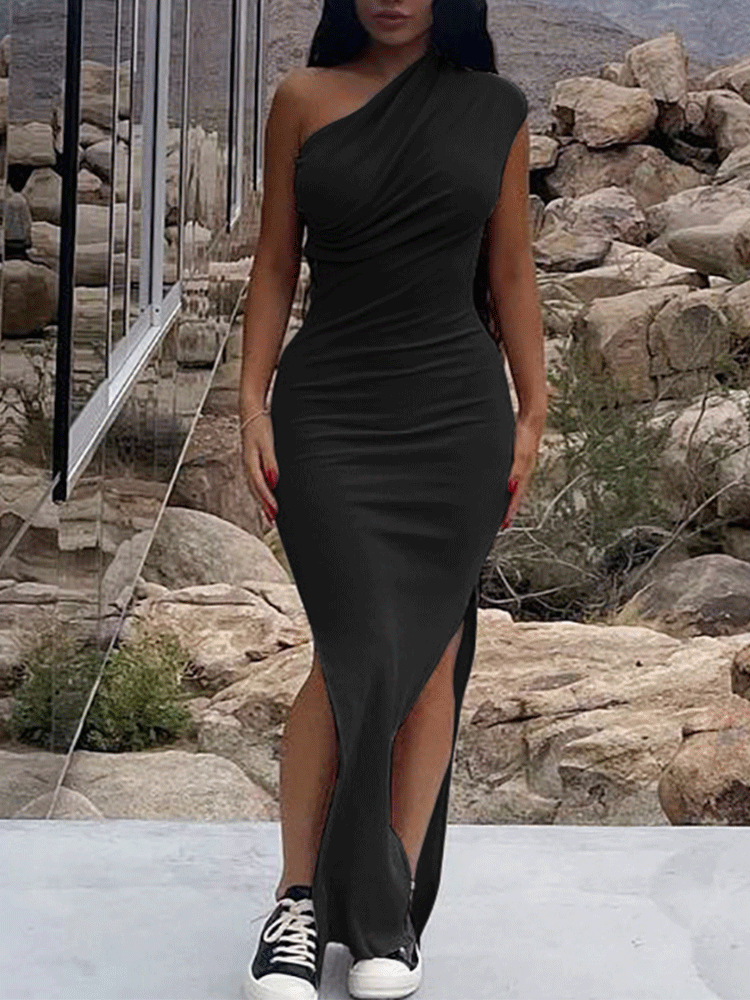 One Shoulder Ruched Bodycon Maxi Dress