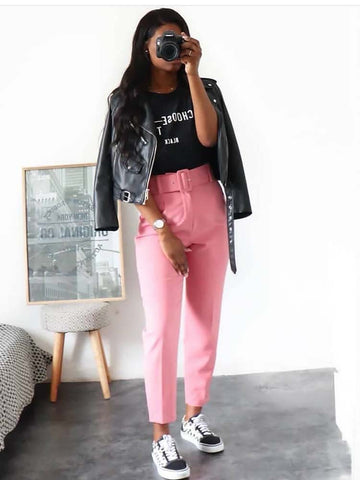 Solid Color Belted Pencil  Pants